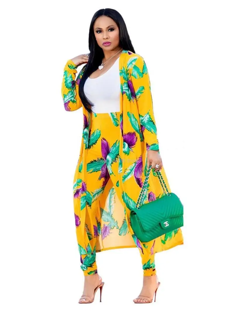 

2021 Europe and the United States new autumn and winter long-sleeved printed jacket cloak tights two-piece