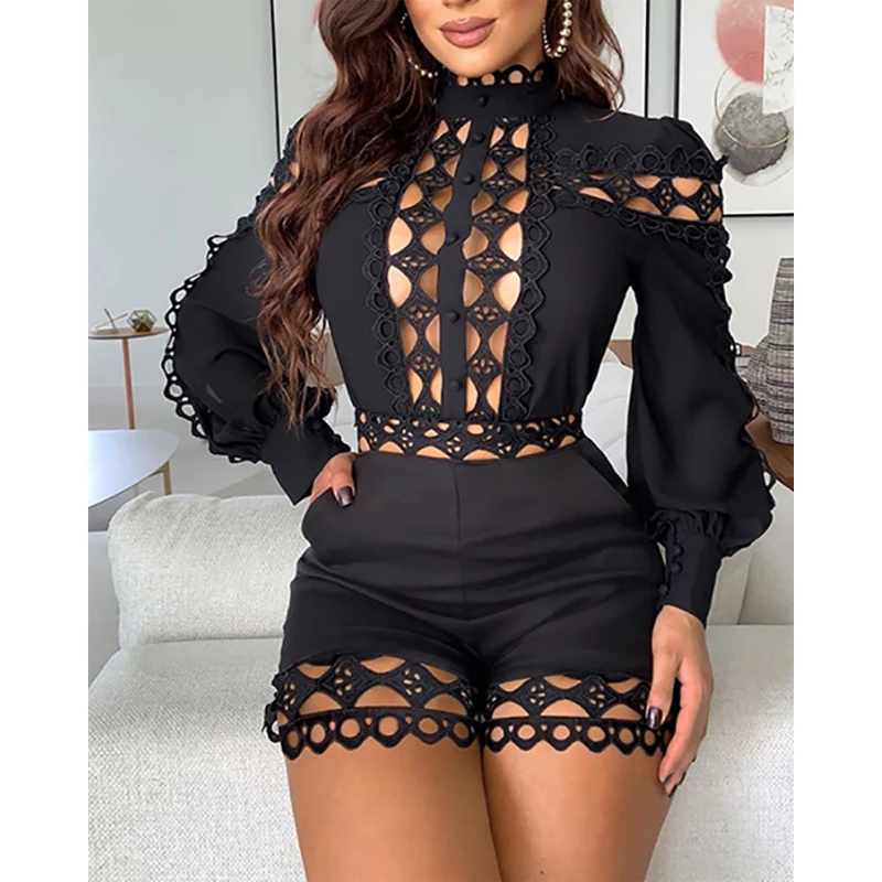 

2021 Sexy Hollow Out Playsuits for Women Summer Long Sleeve Skinny Nightclub Overall Fashion Woman Clothing