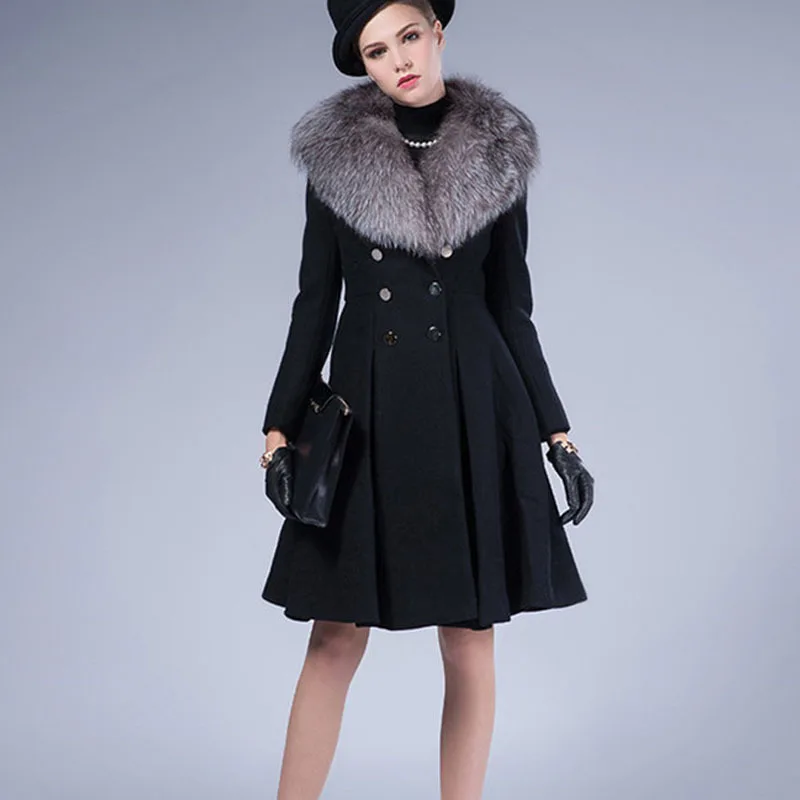 Модные женские пальто Длинная шерстяная двухбортная юбка с воротником из