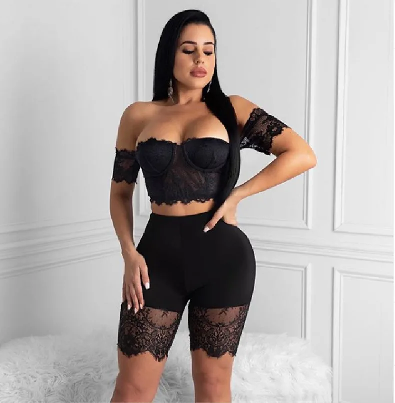 

Ladies one-shoulder lace sexy sexy sports suit two-piece suit