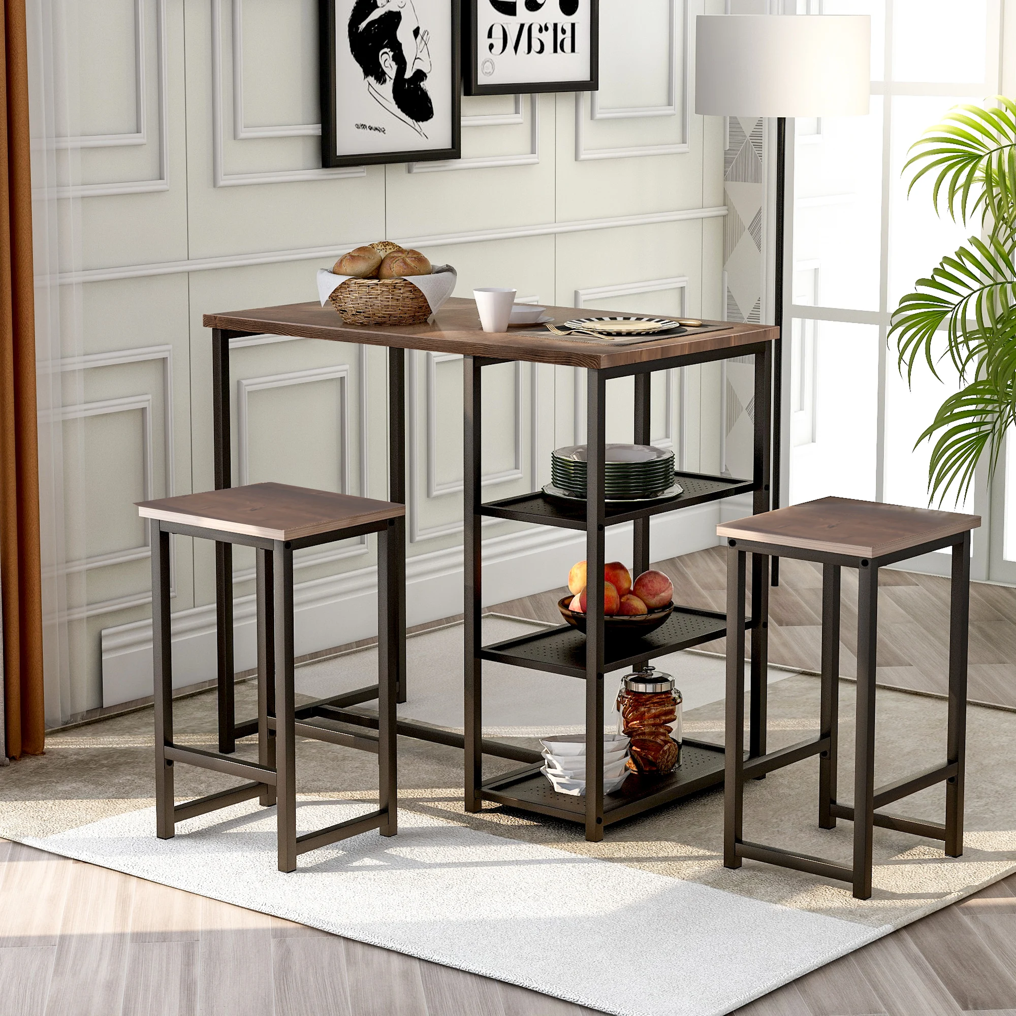 3-piece Retro Pub Set with Natural Wood Countertop and Bar Stools Brown/Black US Warehouse In Stock