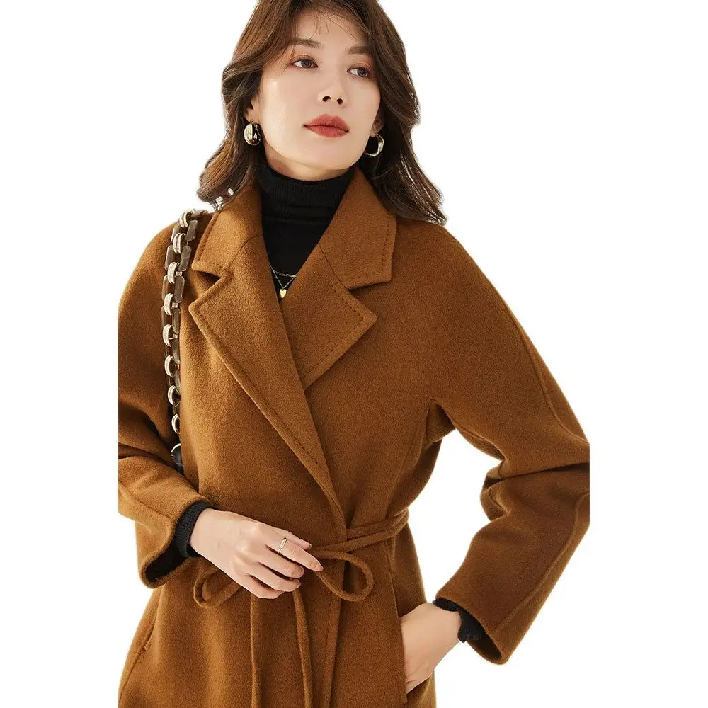 

21 Winter New Luxury High Quality Slim Temperament Vertical Soft Warm Elegant Heavy Double-sided Long Woolen Coat for Woman