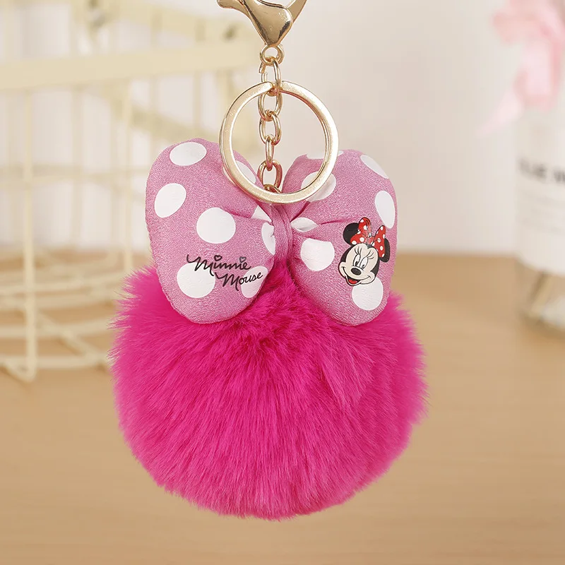 

New Disney 23 Color Minnie Key Chain Cartoon Polka Dot Bow Pom-Pom Key Ring Pendant Car Bag Ornament Fashion Parts Toy
