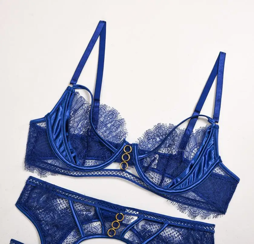 

2021 Women's Underwear Set Sexy Lingerie Set Lace Transparent Bra Lenceria Sexy Push up Underwire 3 Piece Bra Set Wholesale p25