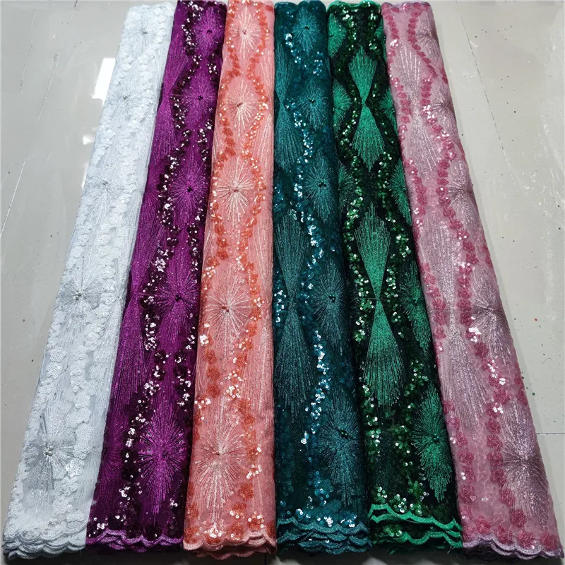 

African Sequins Cord Lace Fabric 2019 High Quality purp Lace French Sequence Tulle Lace Nigerian Voile Lace Fabrics For Wedding