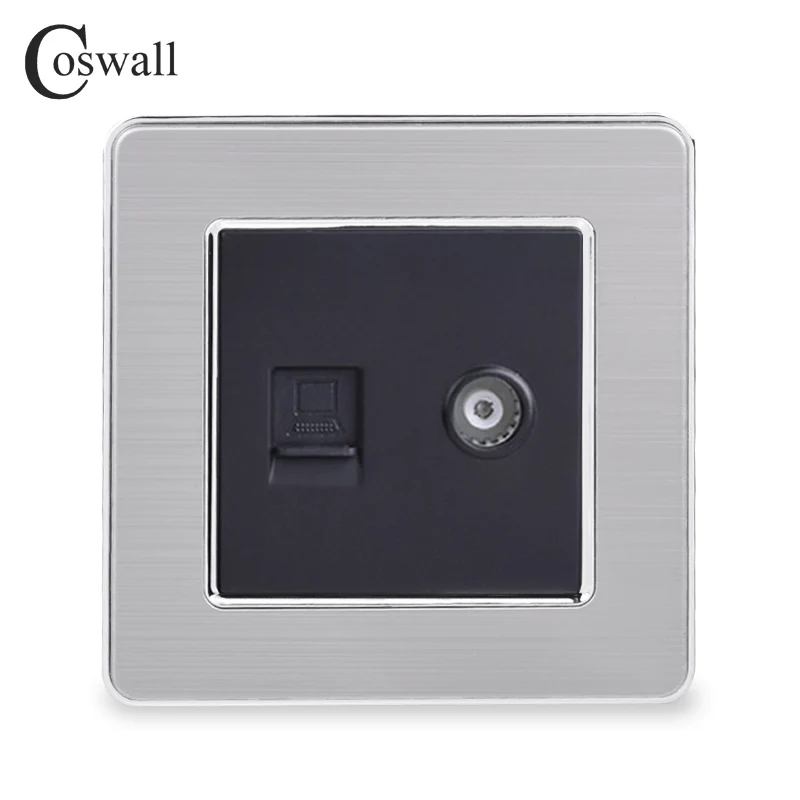 COSWALL RJ45 Интернет данных компьютерный разъем CAT5E разъем с женский ТВ выход нержавеющая сталь матовая панель настенная розетка