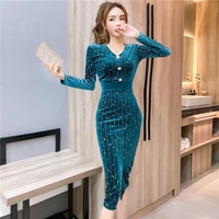 fashion temperament v neck dress woman spring 2022 single breasted flannel waist close tight hip bottoming long sleeve dress