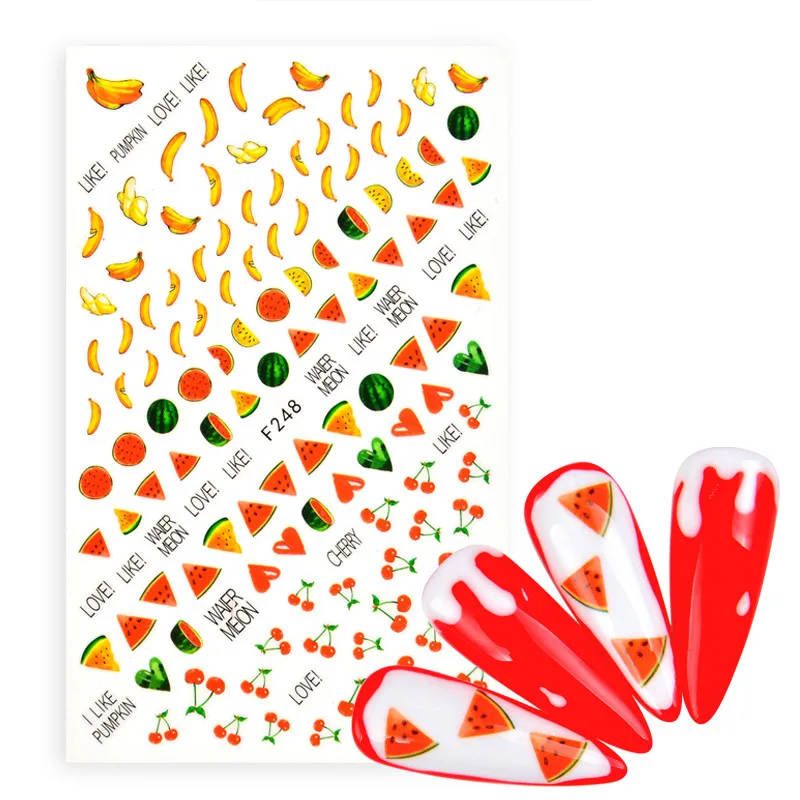 

1 лист наклеек с фруктами для ногтей, наклейки с зеленым арбузом, вишней, клубникой, бананом для самостоятельного украшения ногтей на лето