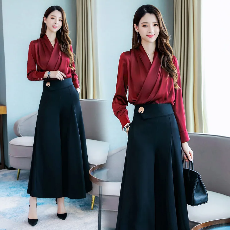 

Fashion High Waist Wide Leg Pants Suit Woman Spring Fall Autumn OL Office Lady 2 Piece Set Elegant Silk Chiffon Outfits Female
