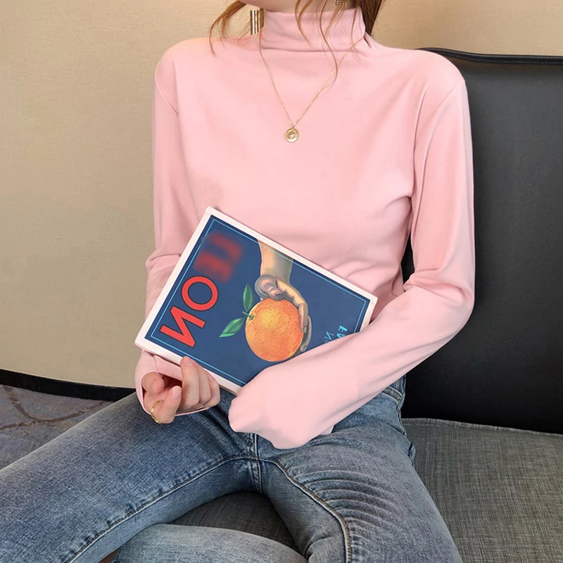 

Long Sleeve T-Shirt Top Female Elegant Basic Shirts Thicken Add Velvet High Collar Korean Clothes Spring 2021 Women'S Clothing