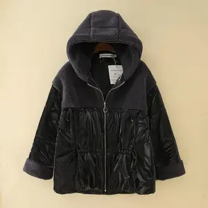 Женская одежда Парки Зимняя асимметричная куртка с подкладкой больших размеров Свободное флисовое сращивание блестящей ткани Теплое пальто с капюшоном