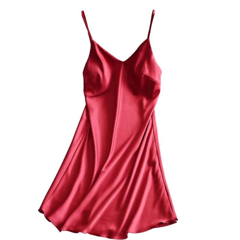 Summer Suspender Nightdress Women Ice Silk Sexy Home Wear Women's Silk Satin Imitation Pure Color Nightdress with Breast Pad