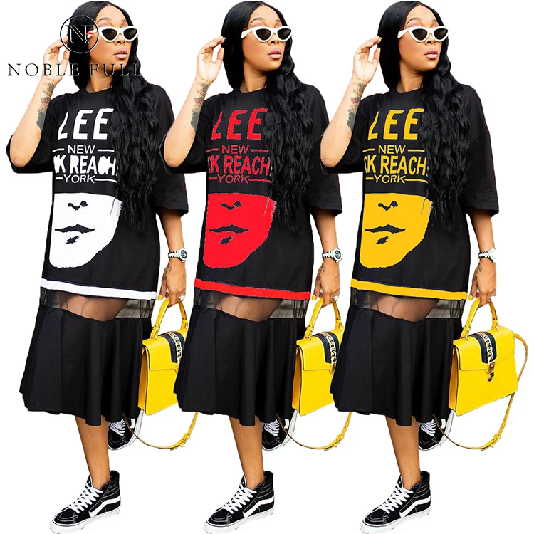 

2020 New Dress for Women Large Size Dress Printed Letter Mesh Splicing Dress T-shirt Dress