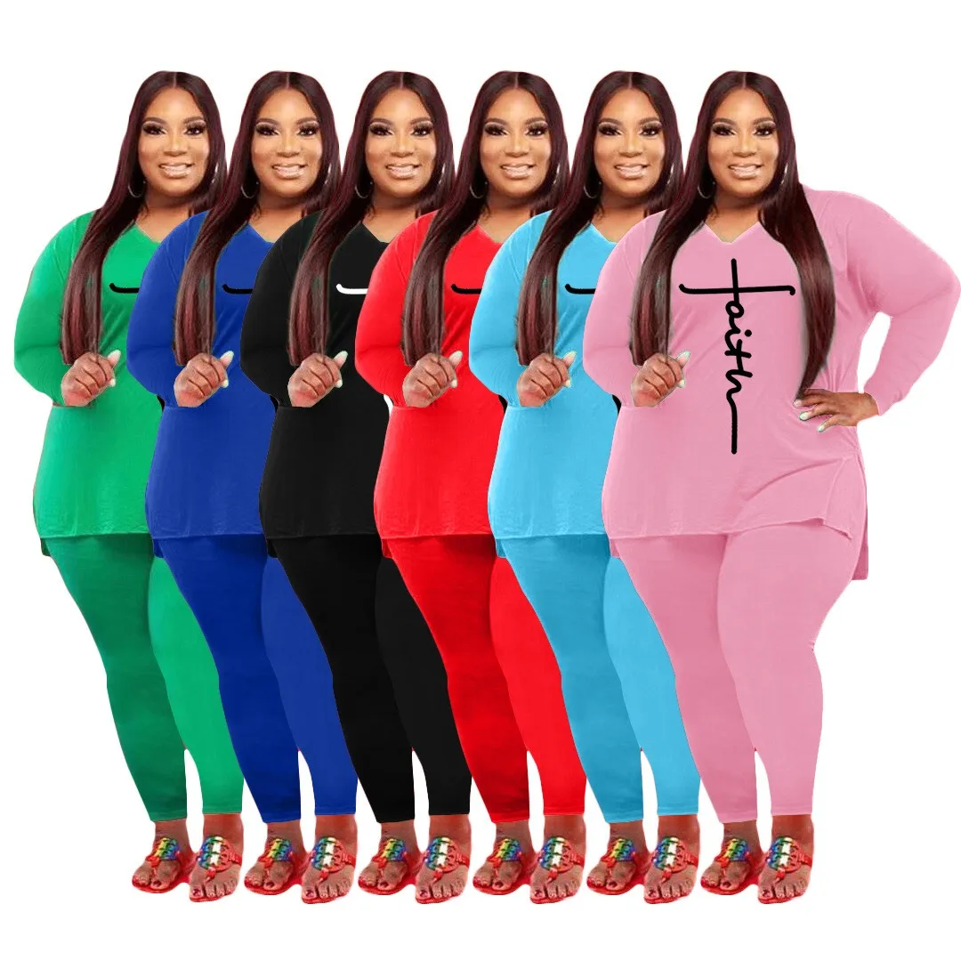 

Q77267 European and American autumn and winter large size women's fashion printing sports leisure V-Neck long sleeved pants two-