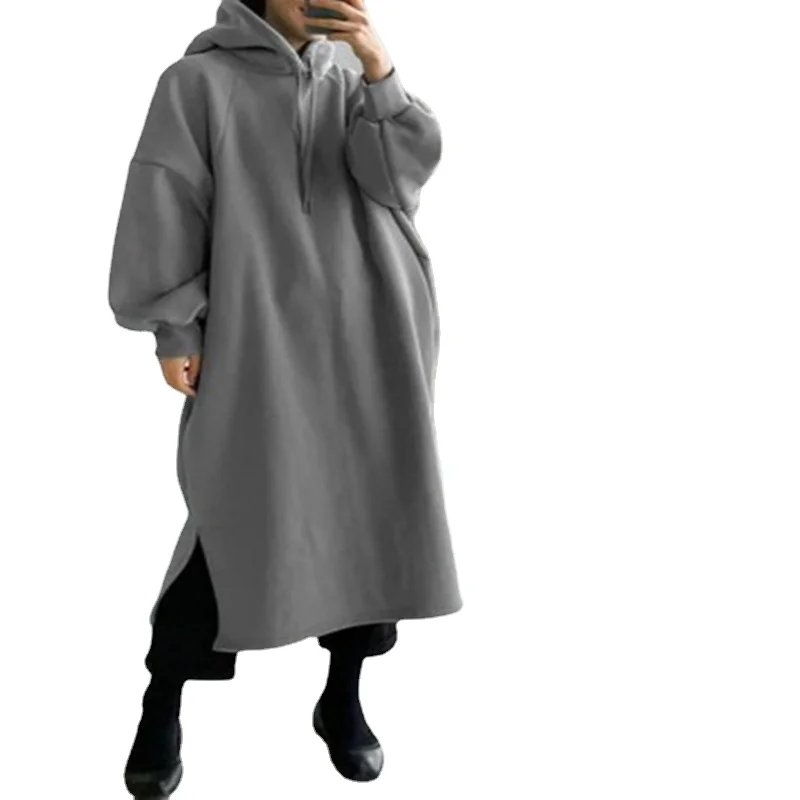 

2021 New Autumn and Winter European and American Fashion Fleece Mid-length Pullover Girl Hooded Sweater Women Cusual Long Top