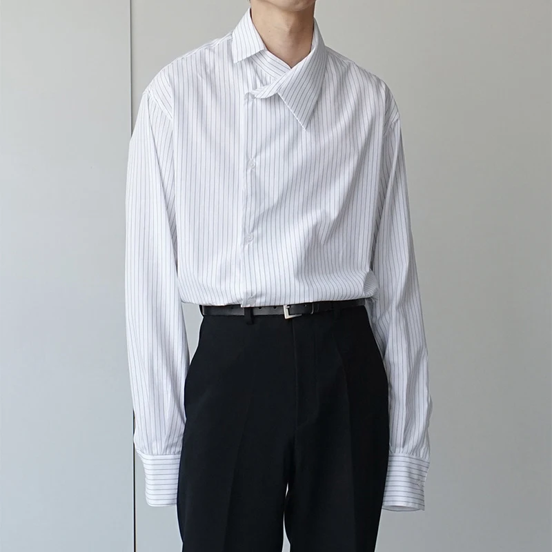 Мужская Повседневная рубашка в полоску Свободная с длинным рукавом и кривым воротником винтажная уличная