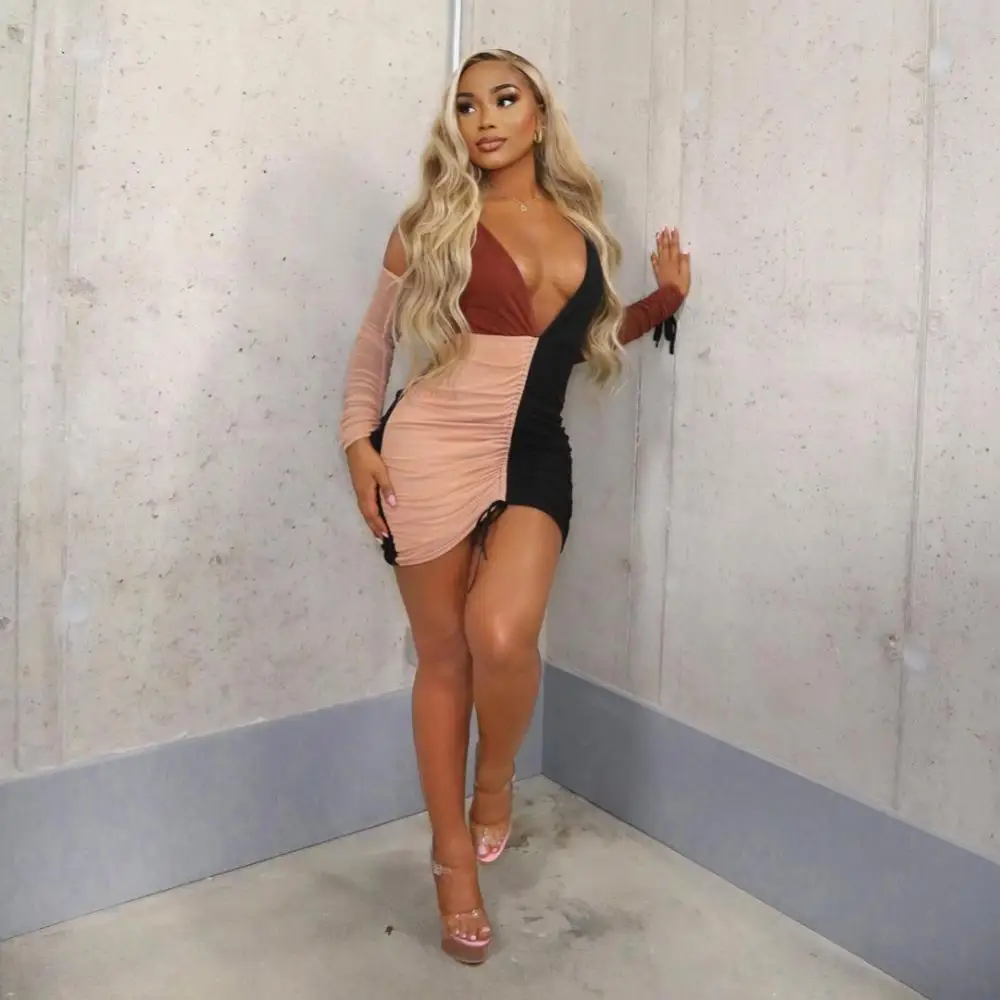 

Платье женское с длинным рукавом, вечернее облегающее Плиссированное пикантное мини-платье с V-образным вырезом для вечерние и выпускного в...