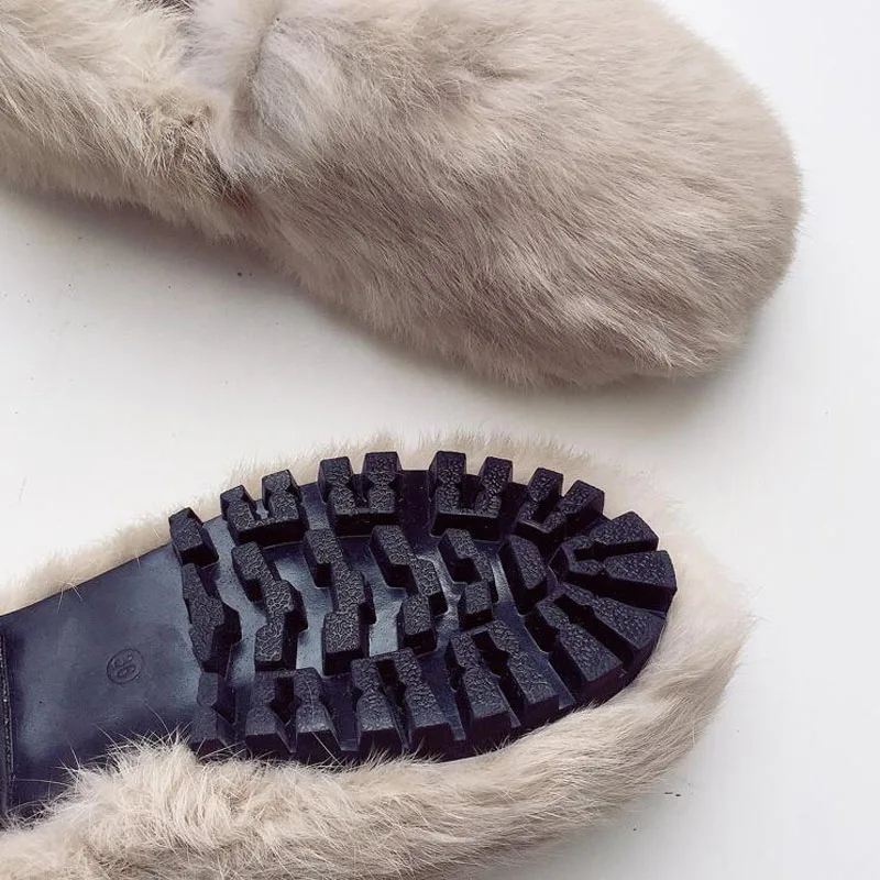 Женские меховые лоферы на плоской подошве модные теплые плюшевые кроличьем меху