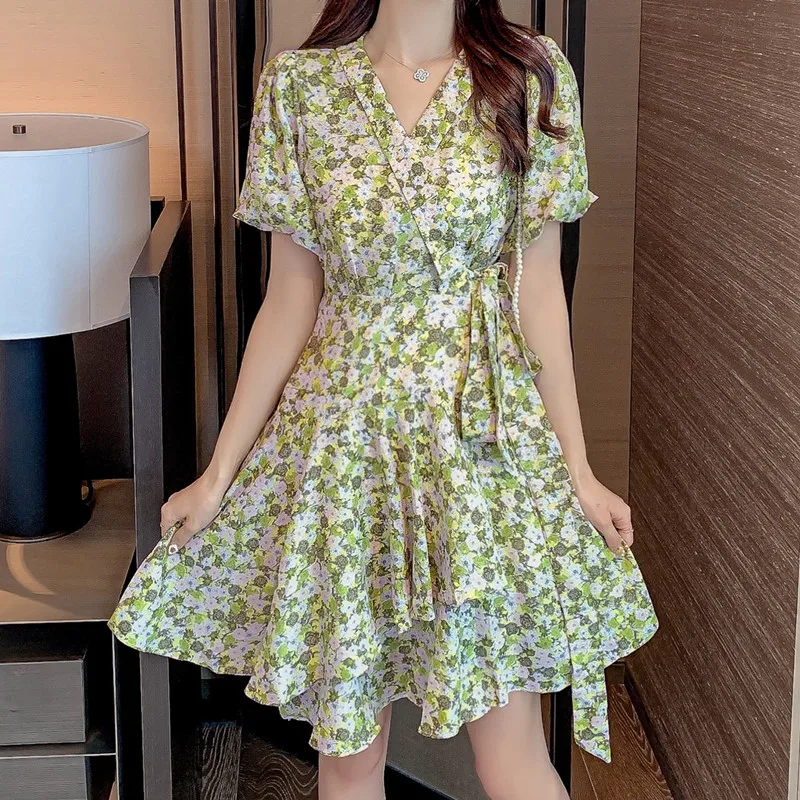 

Summer Women's Dress 2021 Print V-neck Floral Chiffon French Dresses Asymmetrical Knee-Length Lantern Sleeve OL Female Clothing