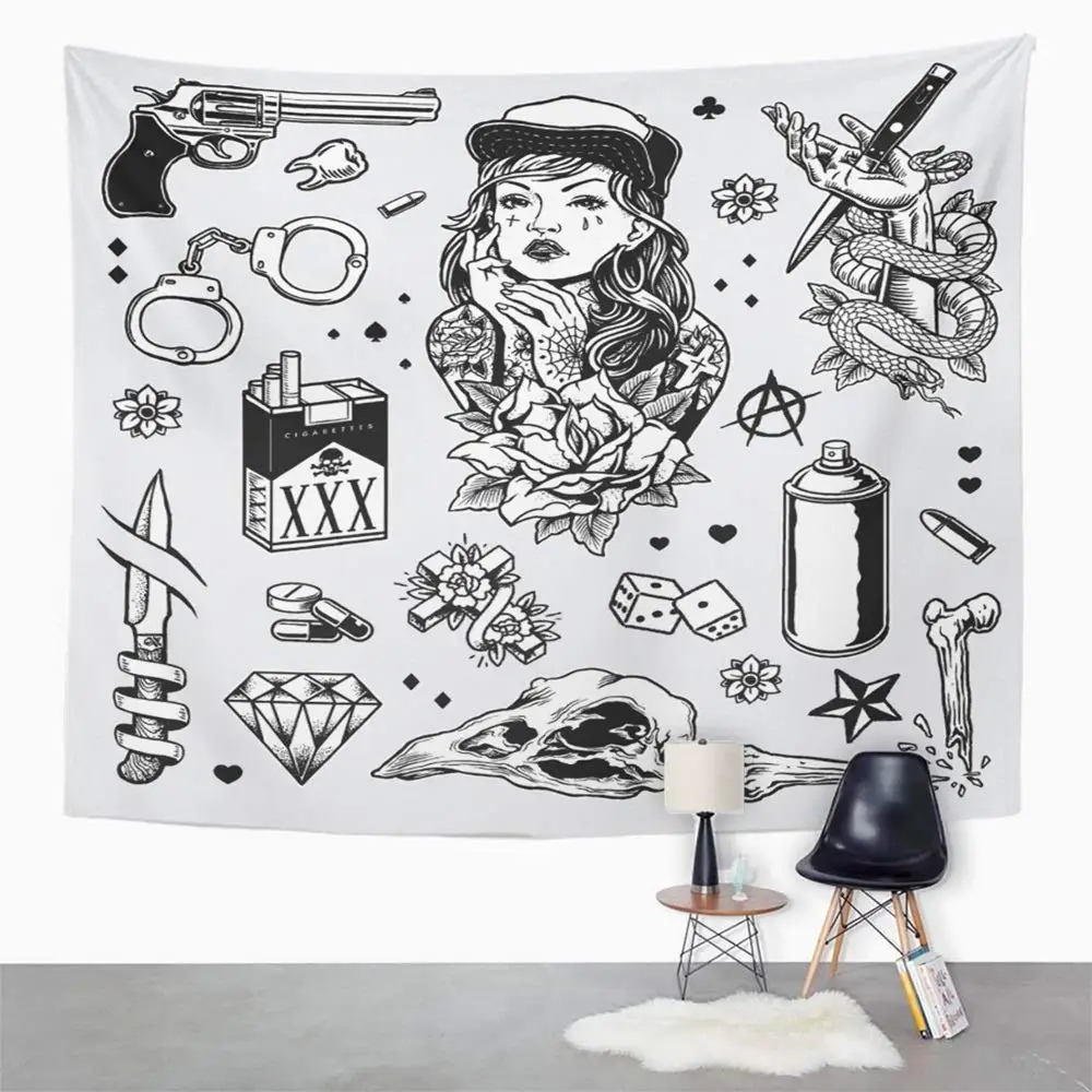 Полиэфирная ткань принт домашний декор череп черный и белый цвета татуировка