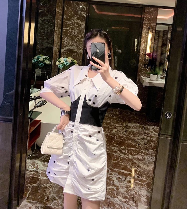 

2021 Summer New Dress for Women Goddess Temperament Slim Shirt Dresses Fashion Puff Sleeve Design Pleated Short Hip Dress