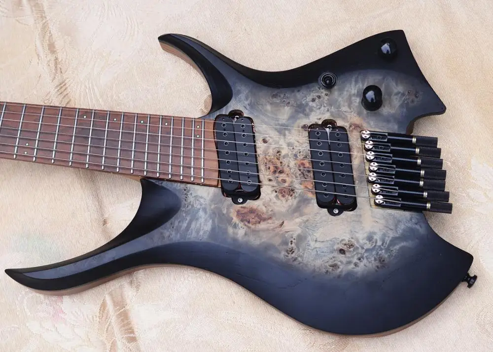 aufgefächert bünde 7 strings kopflose elektrische gitarre schwarz farbe 5 lagen gerösteten ahorn hals ergonomische asymmetrische neck g