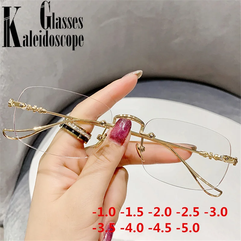 

Men's Business Finished Myopia Glasses Women Fashion Rimless Square Nearsighted Eyeglasses Prescription Diopter -1.0 1.5 2.0 2.5