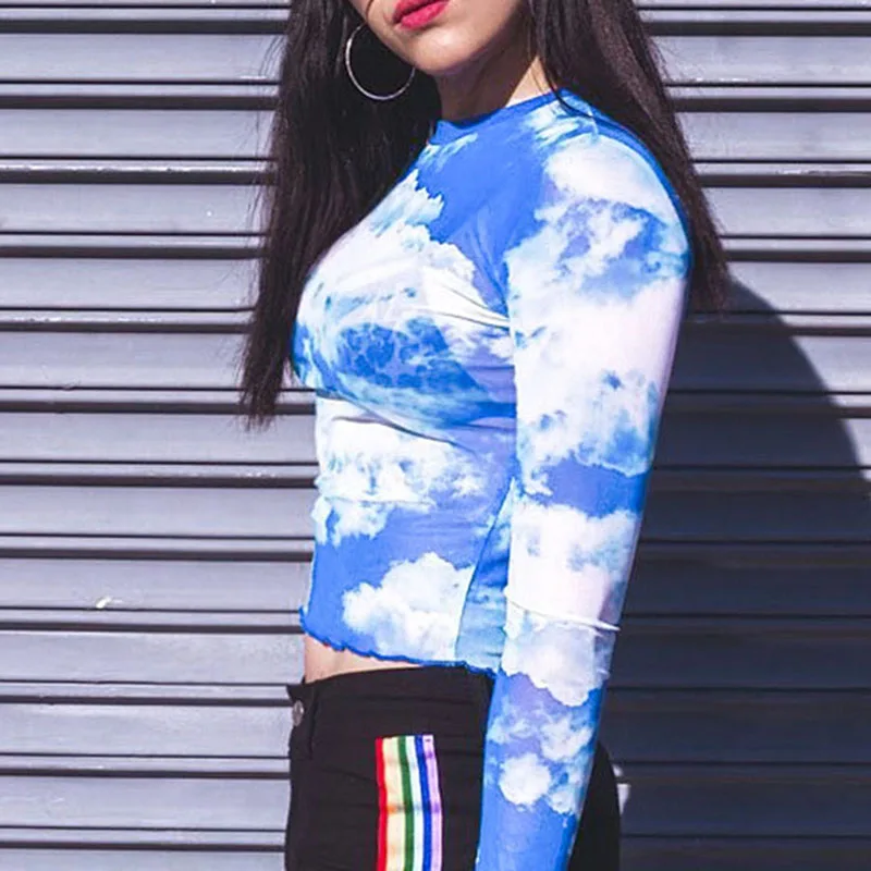 2019 винтажный ins хит голубой небесно-белый с рисунком облаков тонкий длинными