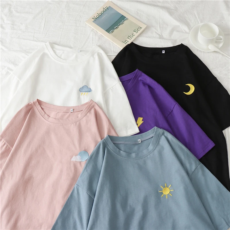 oversized shirt loose Weather pattern embroidery Harajuku vintage t-shirt fashion summer korea casual female T-shirt | Женская одежда