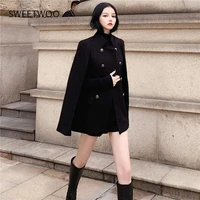 winter 2022 new black cape coat can be used with loose stand collar medium long woolen coat for women