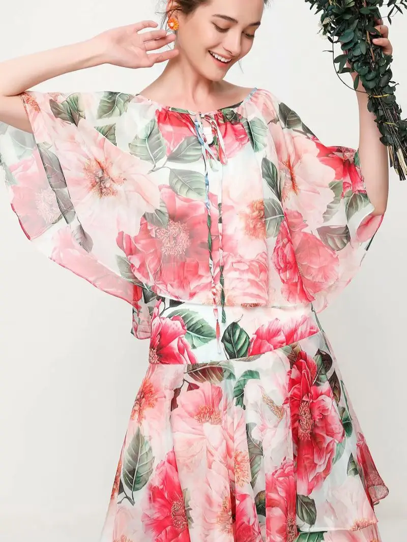 

Rose flower print cloak top + ruffle stitching cake skirt fashion suit 2021 summer women's ladies elegant