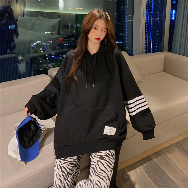 

2020 Korean Fashion Personality Women'S Sweatshirt Four Stripes Long Sleeve Loose Lazy Casual Women'S Sweaters Oversized Hoodie