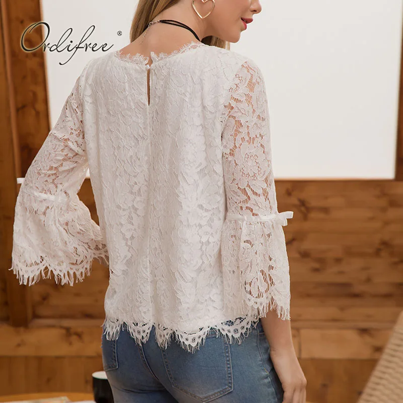 

Ordifree 2020 Summer Women White Lace Blouse Tops Hollow Out Casual Loose Female Blouse Shirt