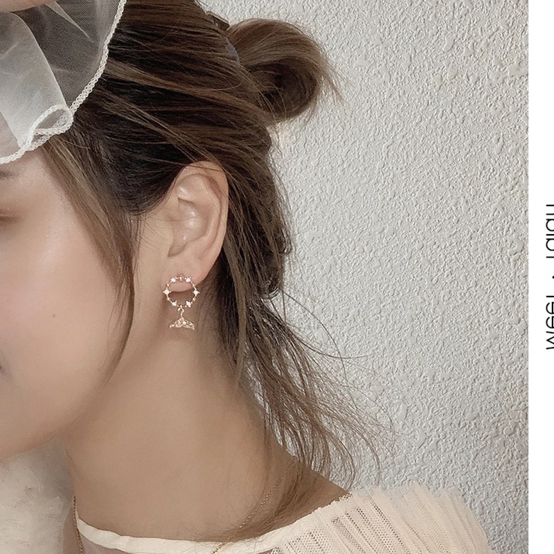 Korean Girl Heart High-quality Temperament Simple Wild Fishtail Earrings Fashion Elegant Romantic Shiny Zircon Wedding | Украшения и