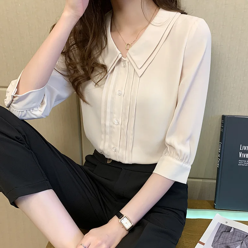 

Double-layer doll collar shirt women 2021 summer new five-point lantern sleeve chiffon shirt