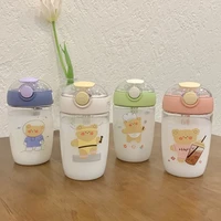 lovely bear bouncing straw cup home casual lock cartoon fresh personality students carry cute water bottle for girls kawaii