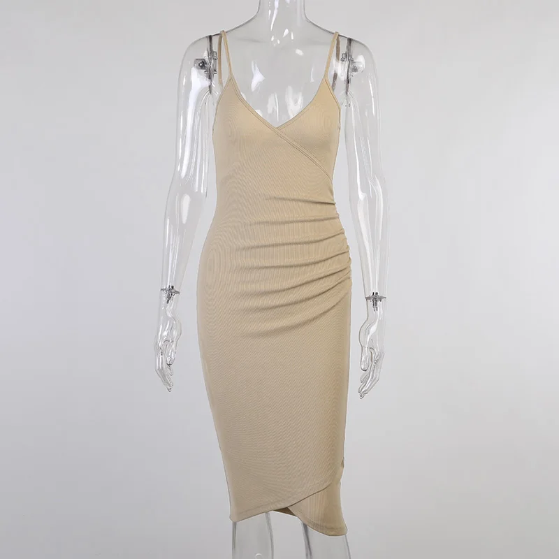 

Knitted Summer Dresses Women 2021 Casual Party Dresses Skinny V-Neck Spaghetti Strap Ankle-Length Dress Women Ruched