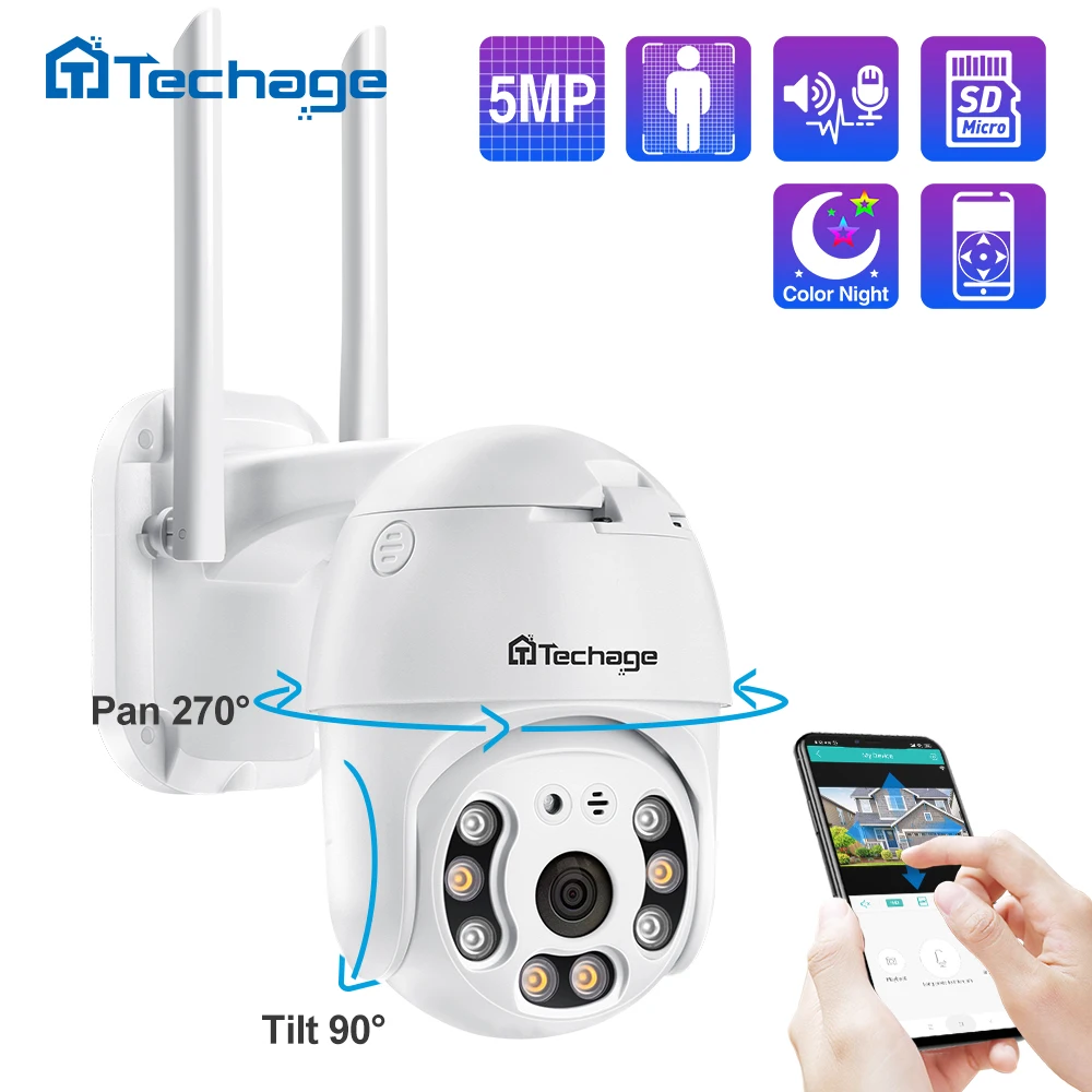 Techage WIFI IP Camera 5MP PTZ Speed Dome 1080P Outdoor Wireless AI Security Camera 2MP Full Color Night Two Way Audio P2P ONVIF