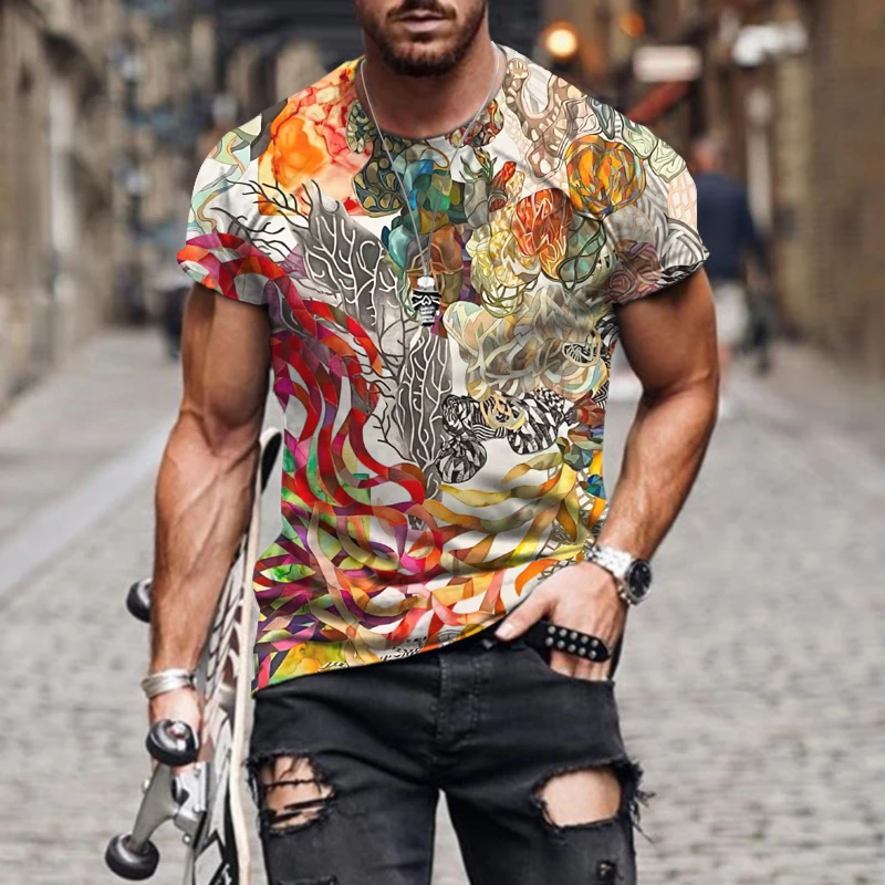 

Chinese Factory Direct Supply Men's Printed T-Shirt Totem Color Fashion Trend Short-Sleeved O-Neck Oversized Men's Clothing