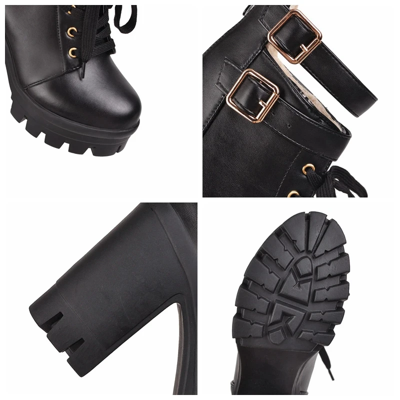 

REAVE CAT Female Winter Ankle Boots Round Toe 9.5cm Square Heels Lace up Cross-tied Buckle Platforms Big size 33-43 Party A2925