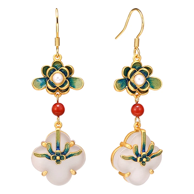 

Hetian Jade Earrings-Classical Painted Lotus Tassel Retro Luxury Elegant Charm Lady Pendant Earrings Gift 5.2*1.5cm New 1pair