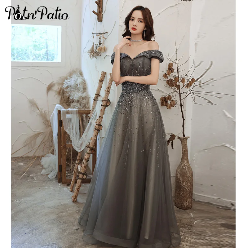 

Luxury Off The Shoulder Evening Dresses With Beads 2021 A-line Floor-length Long Women Formal Gowns For Engagement