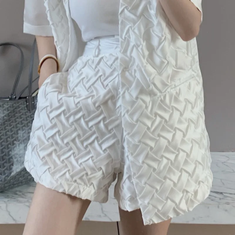 

Korean Temperament Heavy Industry Woven Stitching Suit Jacket + High-waist Wide-leg Shorts Suits Two-piece Set Ensembles Femme