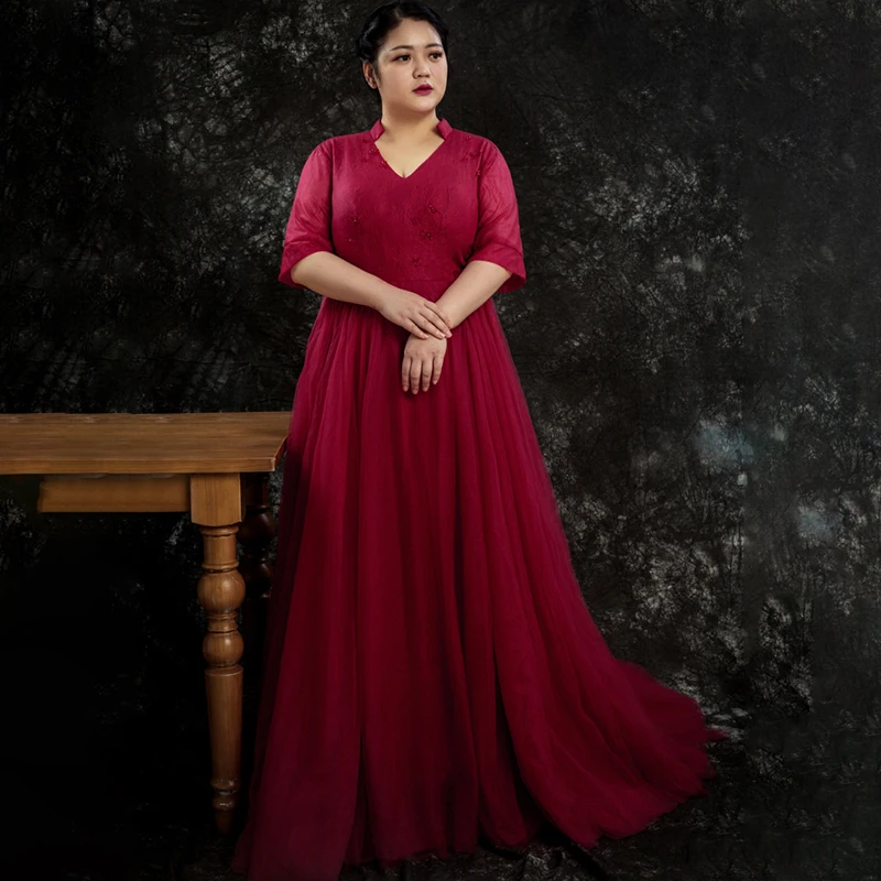 

Evening Dresses Burgundy Deep V-Neck Half Sleeves Women Party Dress Floor-length Crystal Bling New Plus Size Formal Gowns D439