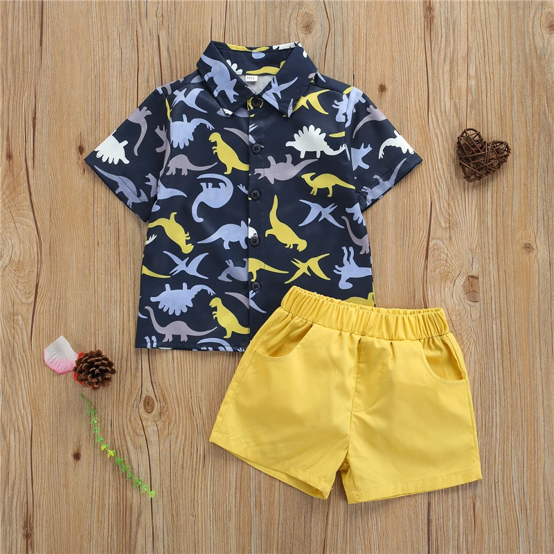 

2 Pieces Kids Suit Set Boys Dinosaur Print Lapel Short Sleeve Shirt+ Solid Color Shorts for Children Summer 6 Months-4 Years