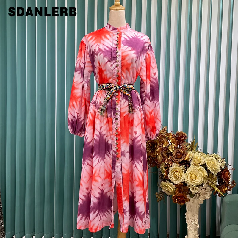 

2021 Summer New Bohemian Vacation Style Temperament Maxi Long Dress Tie-Dyed Single-Breasted Women Long Sleeve Dress with Belt