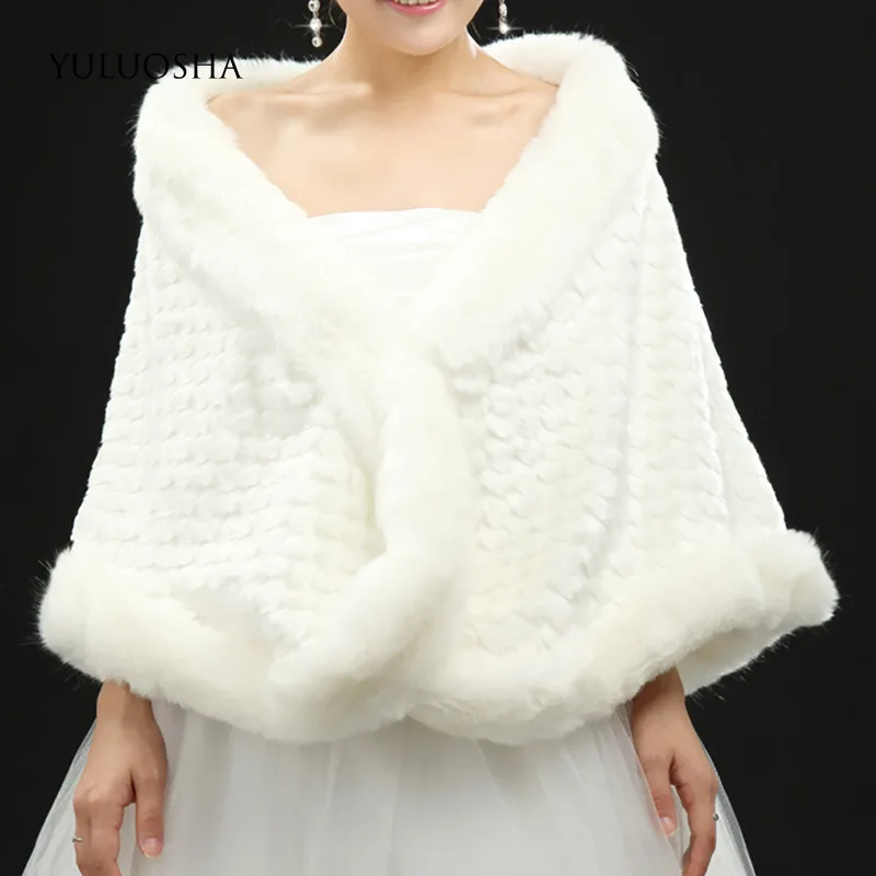 YULUOSHA 2020 Wool Shawl Bride Autumn Winter Warm Imitation Rabbit Fur Wedding Synthetic Leather Cape White | Свадьбы и торжества