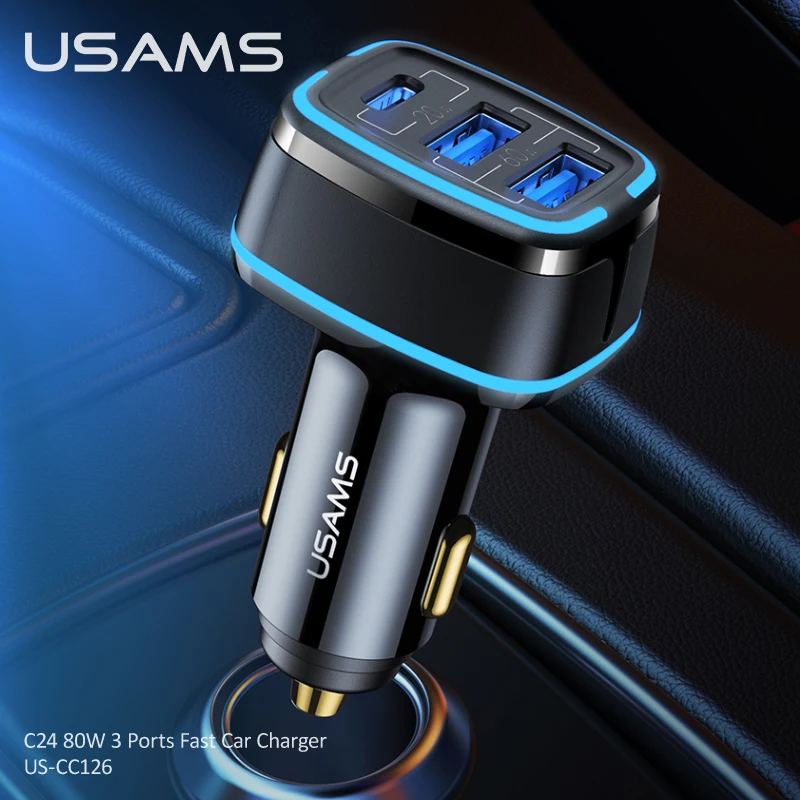 USAMS 80W USB A C 3 порта QC PD Быстрая зарядка Автомобильное зарядное устройство для iPhone 13