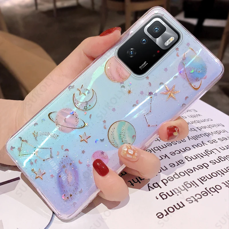 Transparent Case For Xiaomi Redmi Note 9 8 10 11 Pro 9s 8T 10S 7 11T Poco X3 F3 Mi 11 Lite 5G NE Glitter Moon Stars Soft Cover