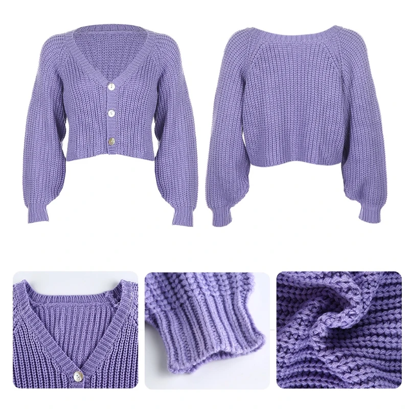 

Women Batwing Lantern Sleeve V-Neck Single Breasted Button Down Sweater Coat Oversized Purple Knitwear Crop Top